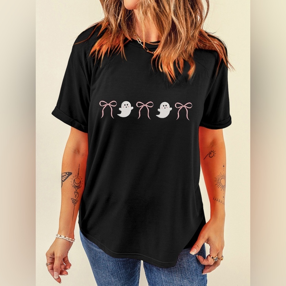 Halloween Ghost Bow Graphic Short Sleeve T-Shirt